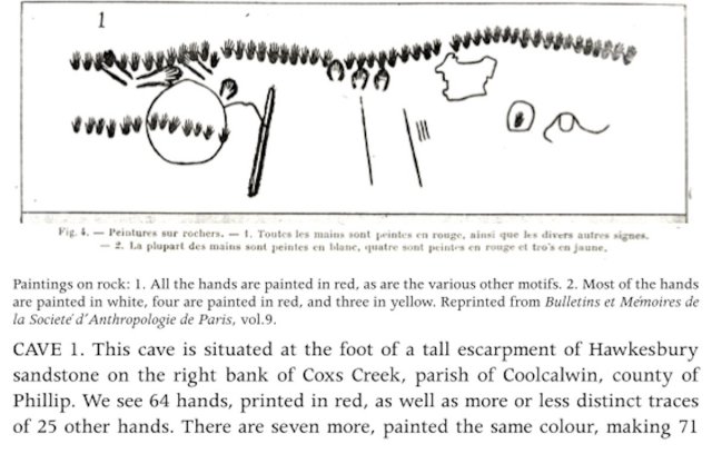 Rock painting of hands in cave on Coxs Creek. Published by R.H. Mathews in French anthropological journal 1900